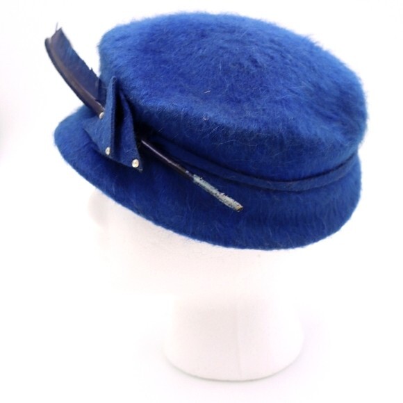Vintage Wool Hat Blue Pillbox Hat Feather Melusse Church Hat main image 6
